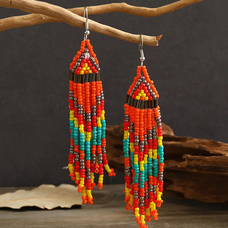 Women Vintage Multi-Layer Beaded Tassel Drop Earrings Geometric Ethnic