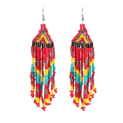 Women Vintage Multi-Layer Beaded Tassel Drop Earrings Geometric Ethnic