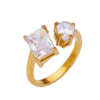 Women Fashion Adjustable Zircon Titanium Steel Colored Diamond Open Ring Vintage French Retro