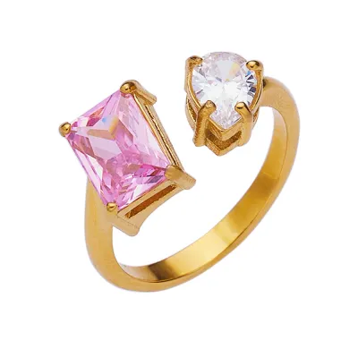 Women Fashion Adjustable Zircon Titanium Steel Colored Diamond Open Ring Vintage French Retro