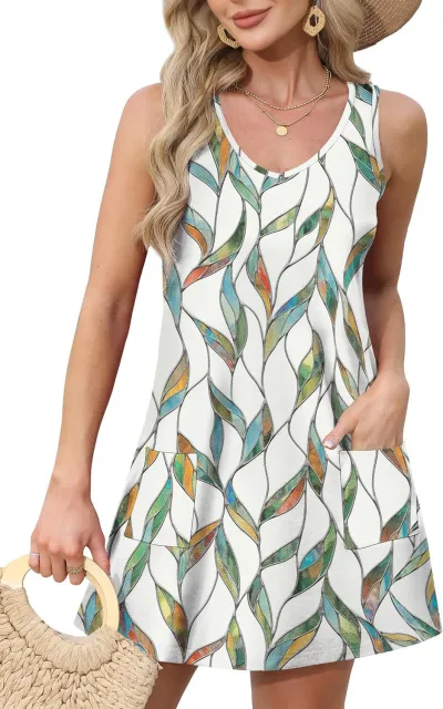 Summer Women Casual Floral Printed V-Neck Sleeveless Pocket Midi Dress
