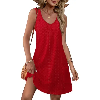 Summer Women Casual Floral Printed V-Neck Sleeveless Pocket Midi Dress