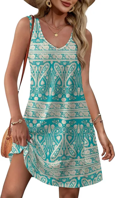 Summer Women Casual Floral Printed V-Neck Sleeveless Pocket Midi Dress