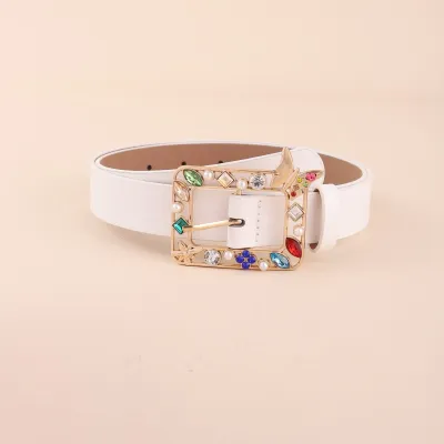 Women Fashion Square Rhinestone Butterfly PU Leather Belt