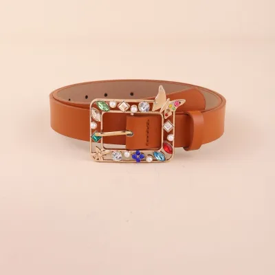 Women Fashion Square Rhinestone Butterfly PU Leather Belt