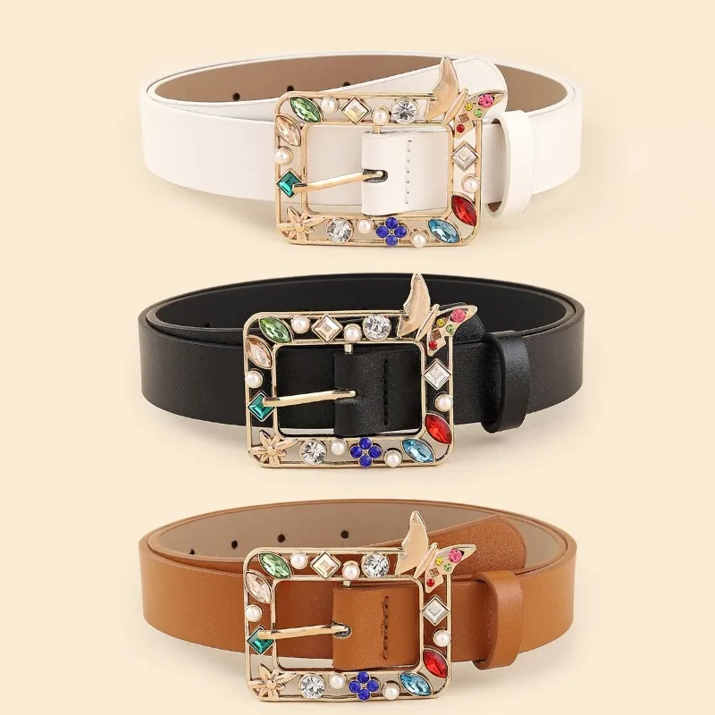 Women Fashion Square Rhinestone Butterfly PU Leather Belt