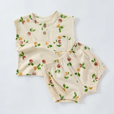 Kids Baby Boys Girls Casual Tiny Flower Print Sleeveless T-Shirt Shorts Set