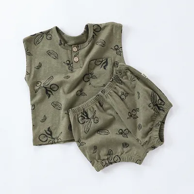 Kids Baby Boys Girls Casual Tiny Flower Print Sleeveless T-Shirt Shorts Set