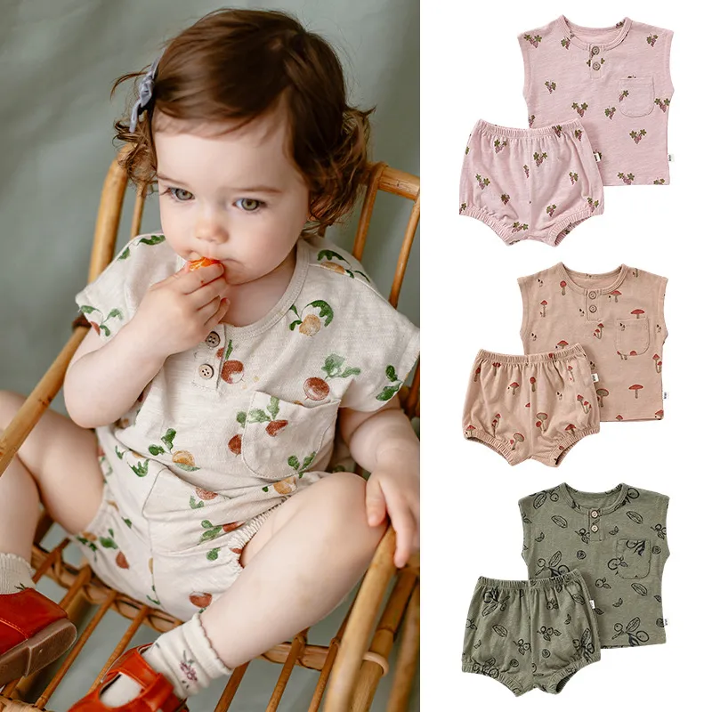 Kids Baby Boys Girls Casual Tiny Flower Print Sleeveless T-Shirt Shorts Set