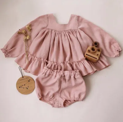 Baby Girls Casual Solid Color Long Sleeve Flounced Dress Shorts Set