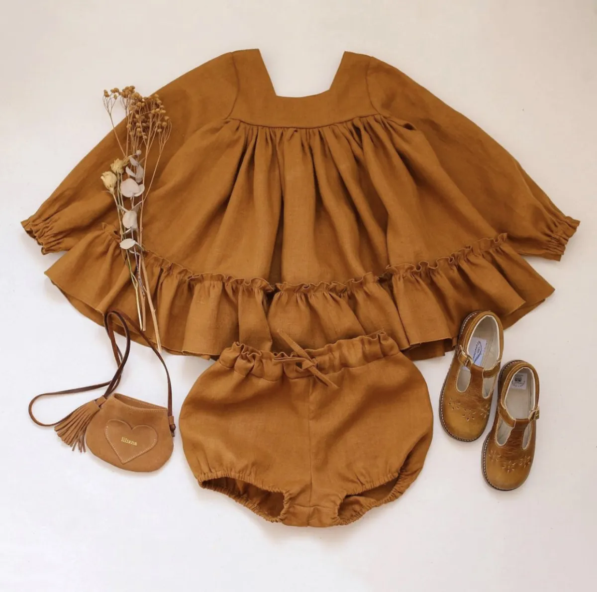Baby Girls Casual Solid Color Long Sleeve Flounced Dress Shorts Set