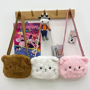 Kids Girls Fashion Cute Cartoon Kitten Plush Crossbody Bag
