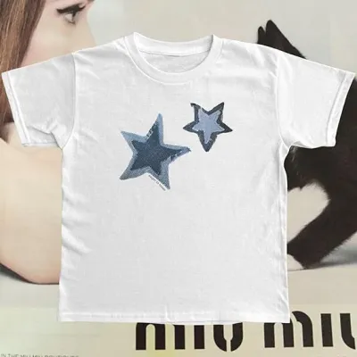 Women Slim Fit Cartoon Cake Moon Star Print Round Neck Short Sleeve T-Shirt