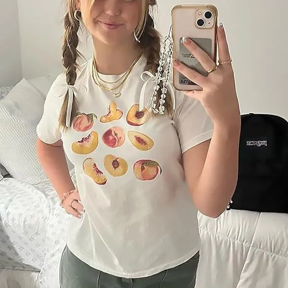 Women Slim Fit Cartoon Cake Moon Star Print Round Neck Short Sleeve T-Shirt