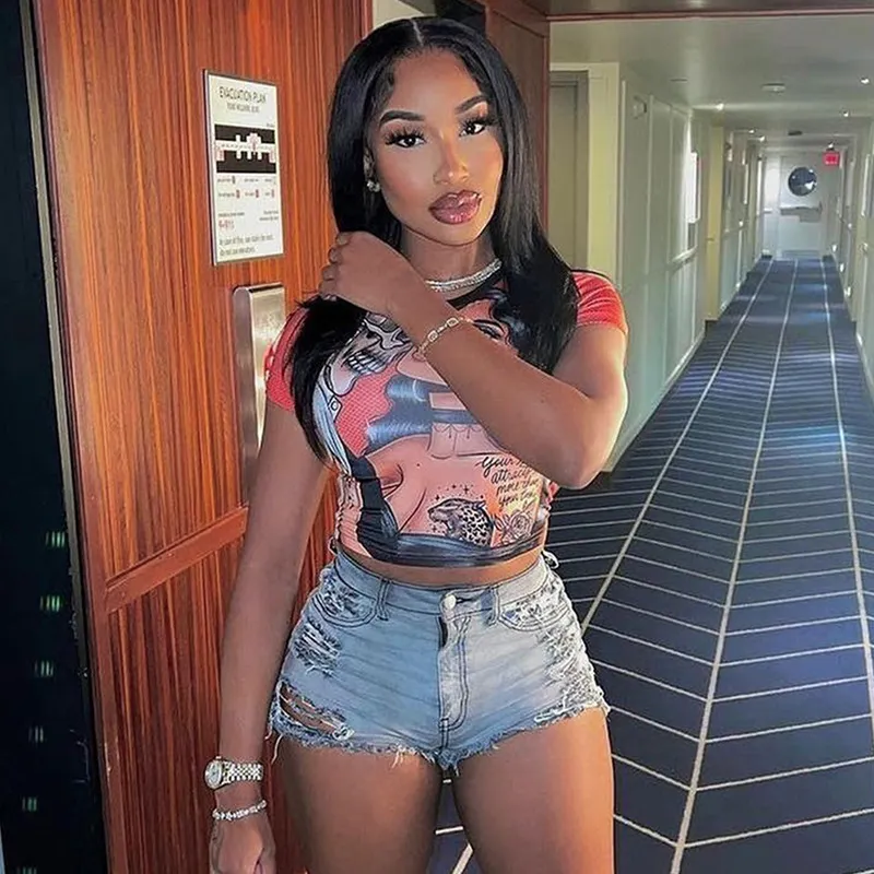 Summer Women Fashion Cartoon Graphic Printing Round Neck Short Sleeve Crop Top Punk Street Style