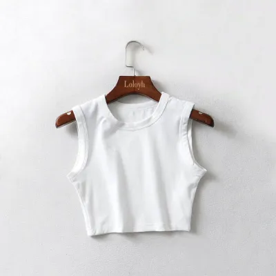 Athleisure Summer Women Sleeveless Crop Top Solid Color Cotton Slim Fit