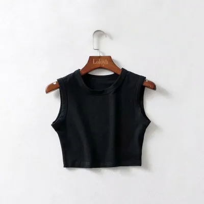 Athleisure Summer Women Sleeveless Crop Top Solid Color Cotton Slim Fit