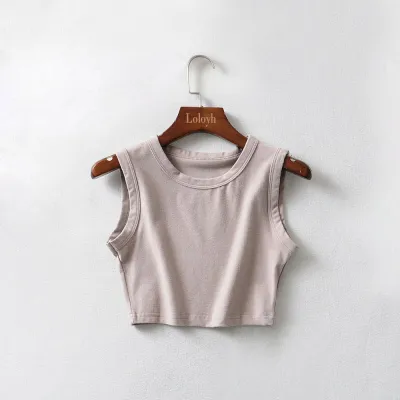 Athleisure Summer Women Sleeveless Crop Top Solid Color Cotton Slim Fit