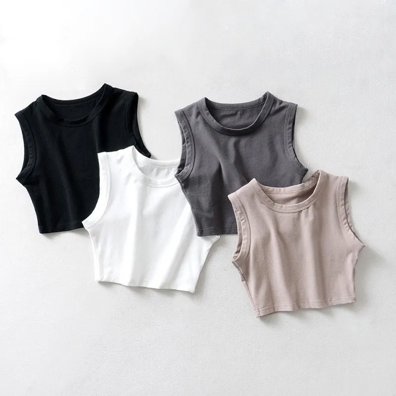 Athleisure Summer Women Sleeveless Crop Top Solid Color Cotton Slim Fit