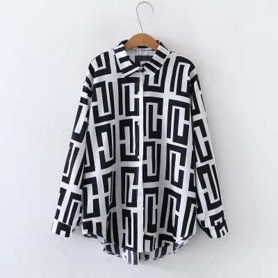 Women Fashion Geometric Print Lapel Long Sleeve Loose Blouse
