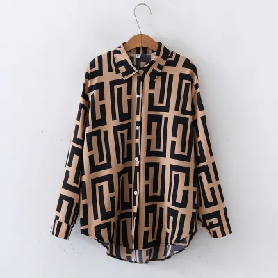 Women Fashion Geometric Print Lapel Long Sleeve Loose Blouse