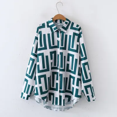 Women Fashion Geometric Print Lapel Long Sleeve Loose Blouse