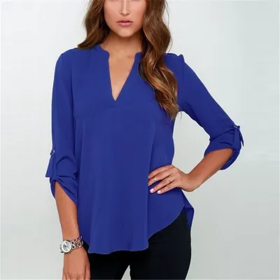 Summer Women Casual Solid Color V-Neck Long Sleeve Chiffon Blouse