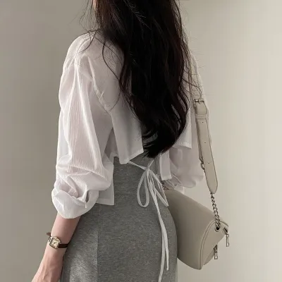 Summer Women Fashion Solid Color Long Sleeve Lapel Shirt