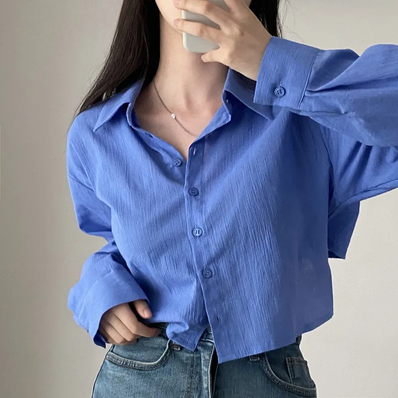 Summer Women Fashion Solid Color Long Sleeve Lapel Shirt