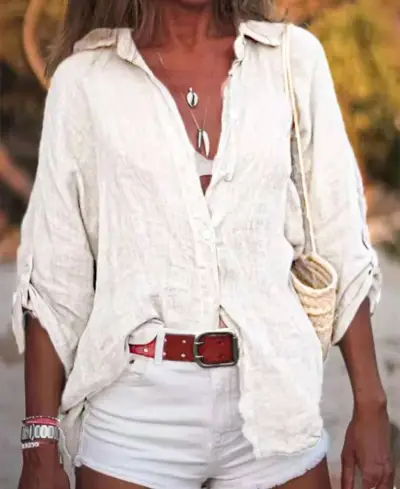 Women Casual Solid Color Long Sleeve Cotton Linen Cardigan Shirt