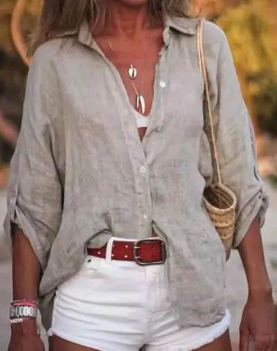 Women Casual Solid Color Long Sleeve Cotton Linen Cardigan Shirt