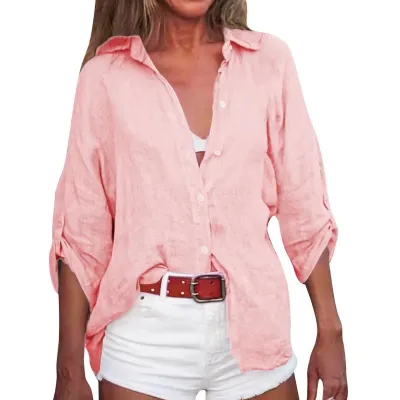 Women Casual Solid Color Long Sleeve Cotton Linen Cardigan Shirt