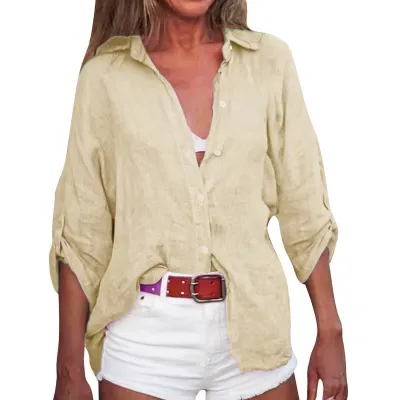 Women Casual Solid Color Long Sleeve Cotton Linen Cardigan Shirt