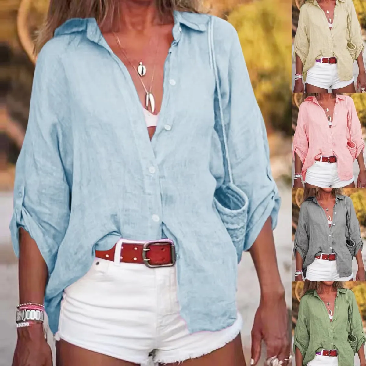 Women Casual Solid Color Long Sleeve Cotton Linen Cardigan Shirt