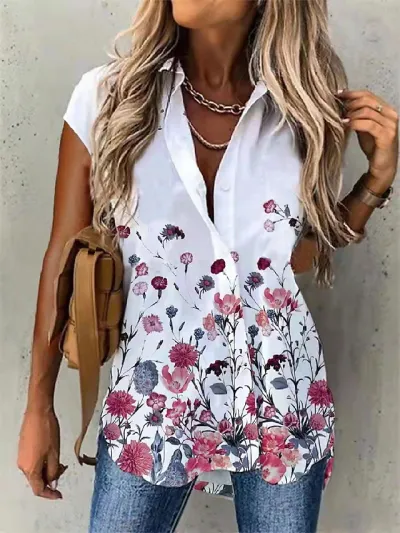 Summer Women Casual Floral Print Lapel Button Shirt Top