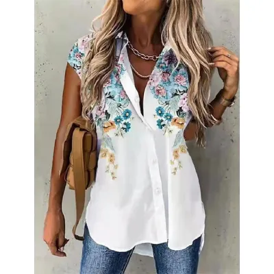 Summer Women Casual Floral Print Lapel Button Shirt Top