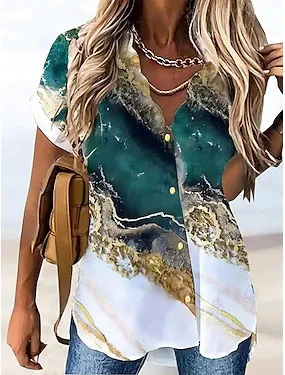 Summer Women Casual Floral Print Lapel Button Shirt Top
