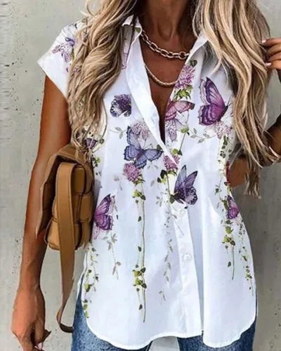 Summer Women Casual Floral Print Lapel Button Shirt Top