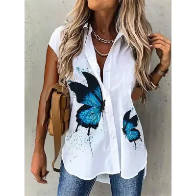 Summer Women Casual Floral Print Lapel Button Shirt Top