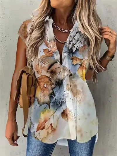 Summer Women Casual Floral Print Lapel Button Shirt Top