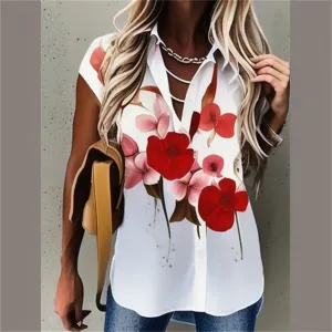 Summer Women Casual Floral Print Lapel Button Shirt Top
