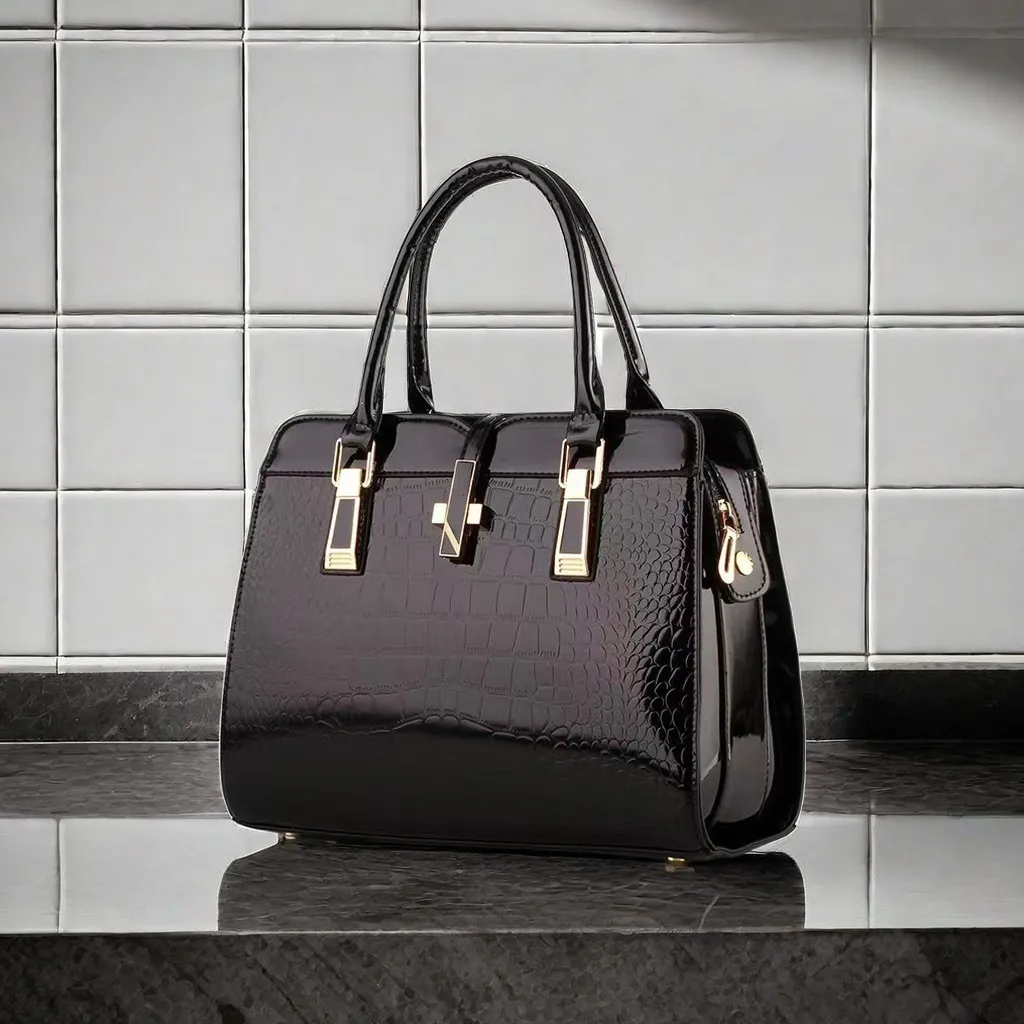 Women Fashionable Stone-Print Bright PU Large-Capacity Square Handbag