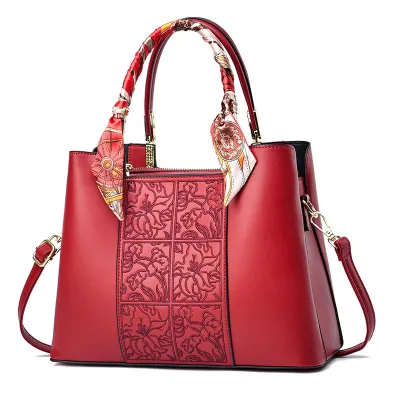 Women Vintage Ethnic Embroidered Large Capacity Square PU Handbag