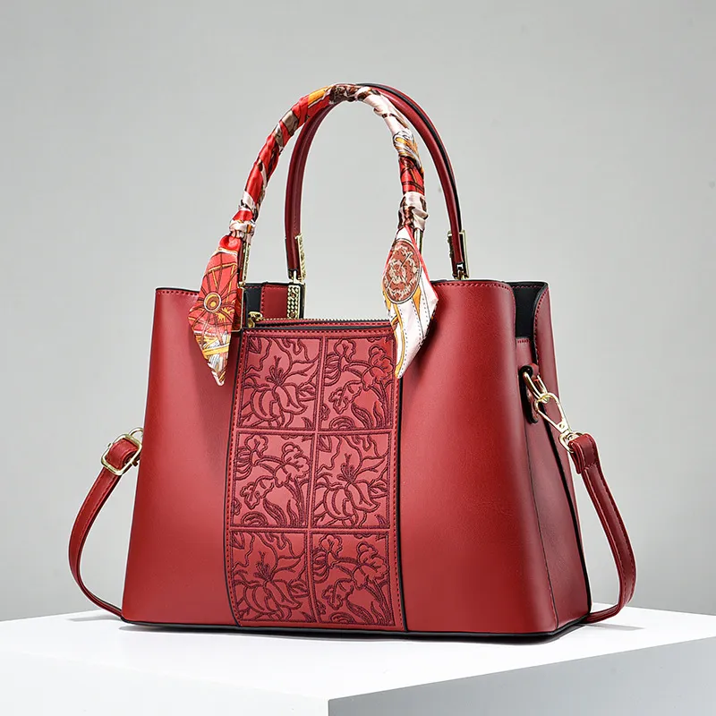 Women Vintage Ethnic Embroidered Large Capacity Square PU Handbag