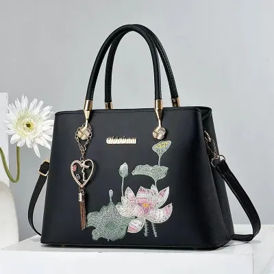 Women Ethnic Style Lotus Embroidered Square PU Handbag Tote