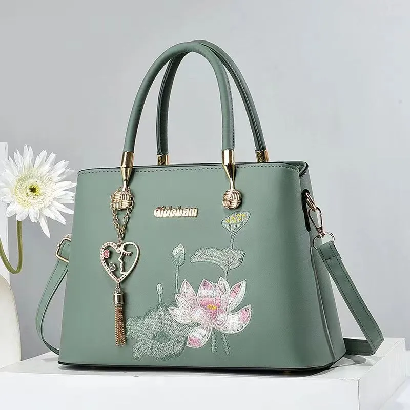 Women Ethnic Style Lotus Embroidered Square PU Handbag Tote