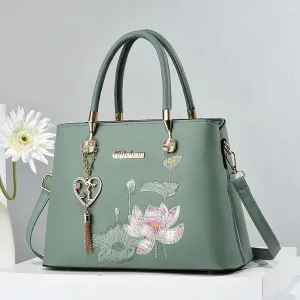 Women Ethnic Style Lotus Embroidered Square PU Handbag Tote