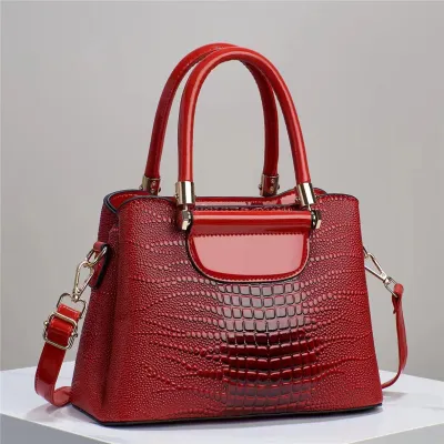 Women Fashionable Bright Crocodile-Print Large-Capacity PU Tote Bag