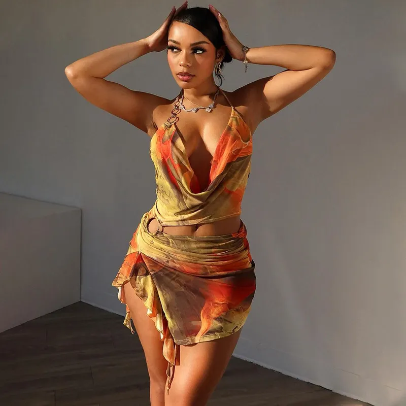 Women Fashion Sexy Print Backless Hollow Irregular Dress