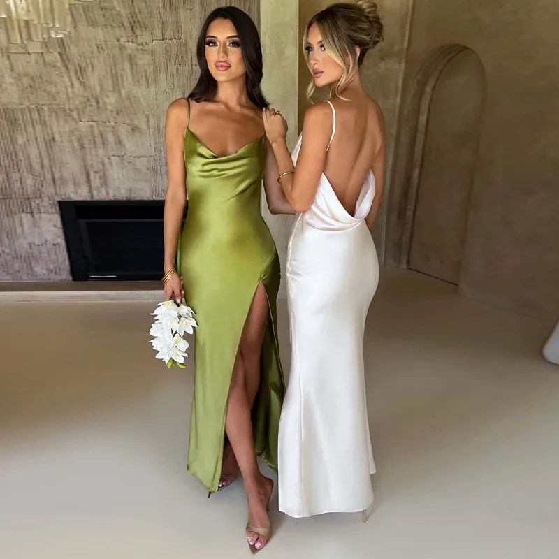 Women Fashion Sexy Backless Side Slit Sling Bodycon Maxi Dress